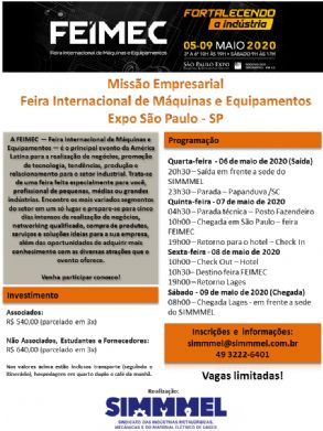 Missão Empresarial a FEIMEC 2020 em São Paulo - Inscrições abertas